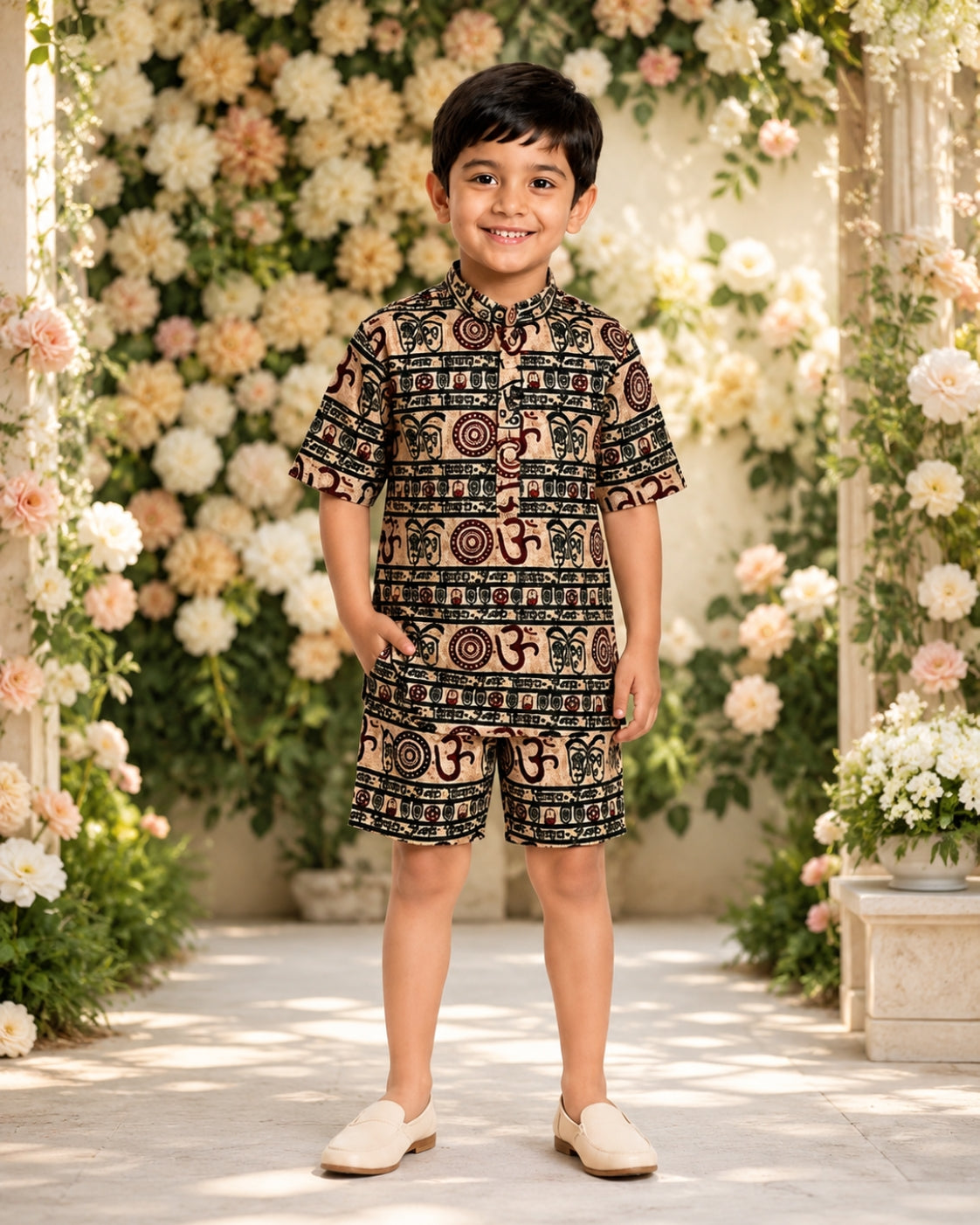 Boys Beige Mahakal Printed Kurta & Half Pant Set