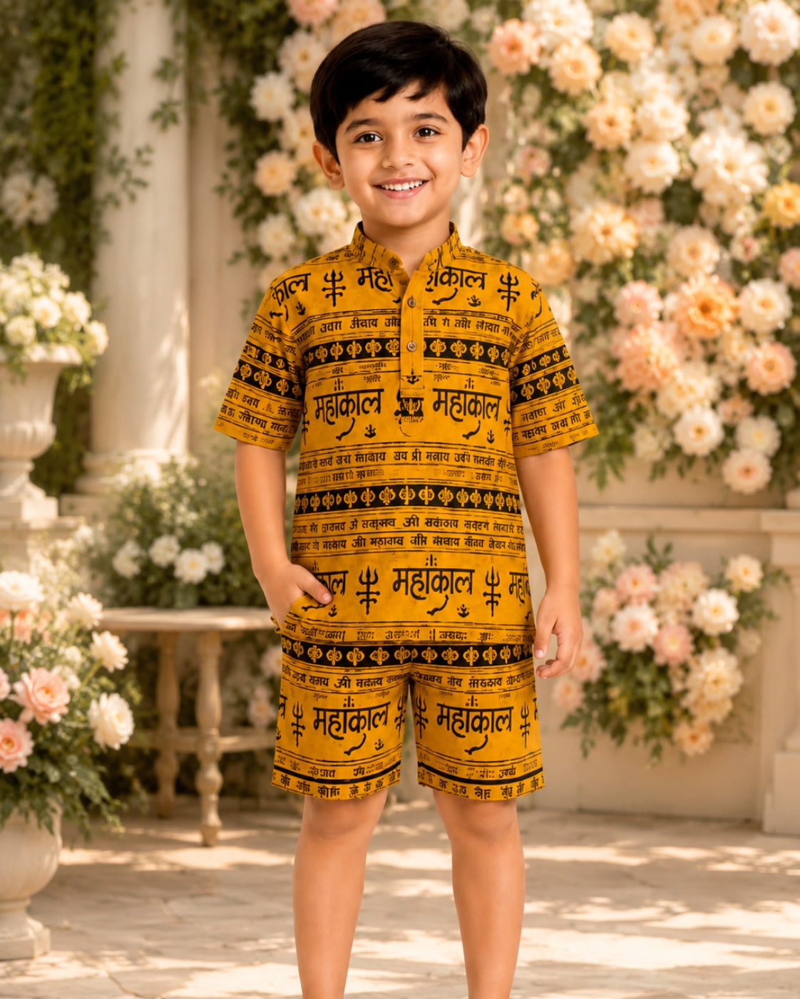 Boys Yellow Mahakal Printed Kurta & Half Pant Set