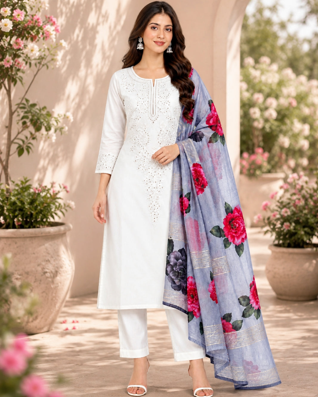 Women’s White Embroidered Kurta Pant with Floral Dupatta – 3 Piece Set