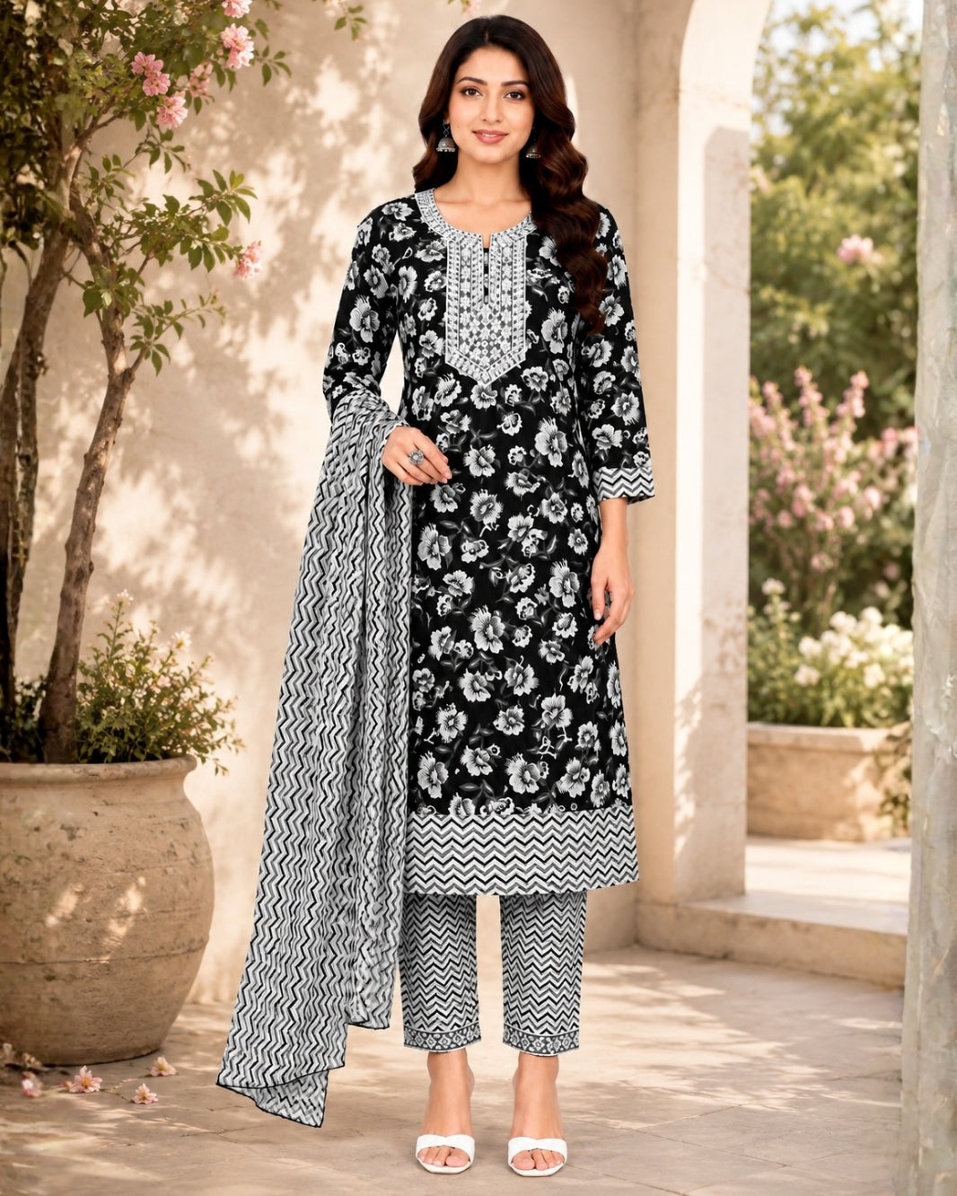 Women’s Black & White Floral Printed Kurta Pant Dupatta Set – 3 Piece