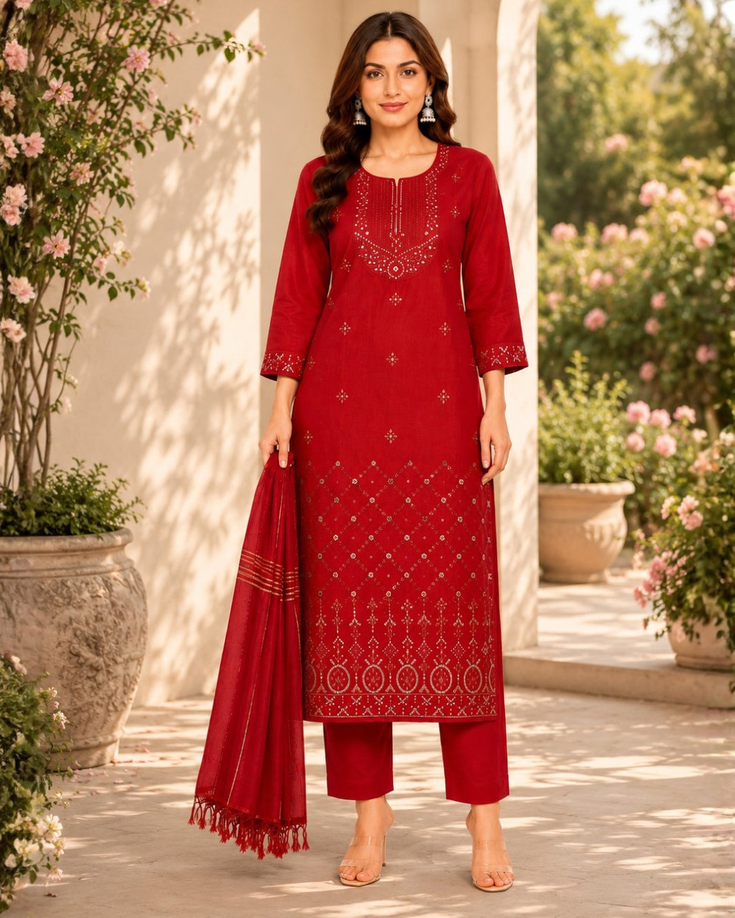 Women’s Red Embroidered Kurta Pant Dupatta Set – 3 Piece