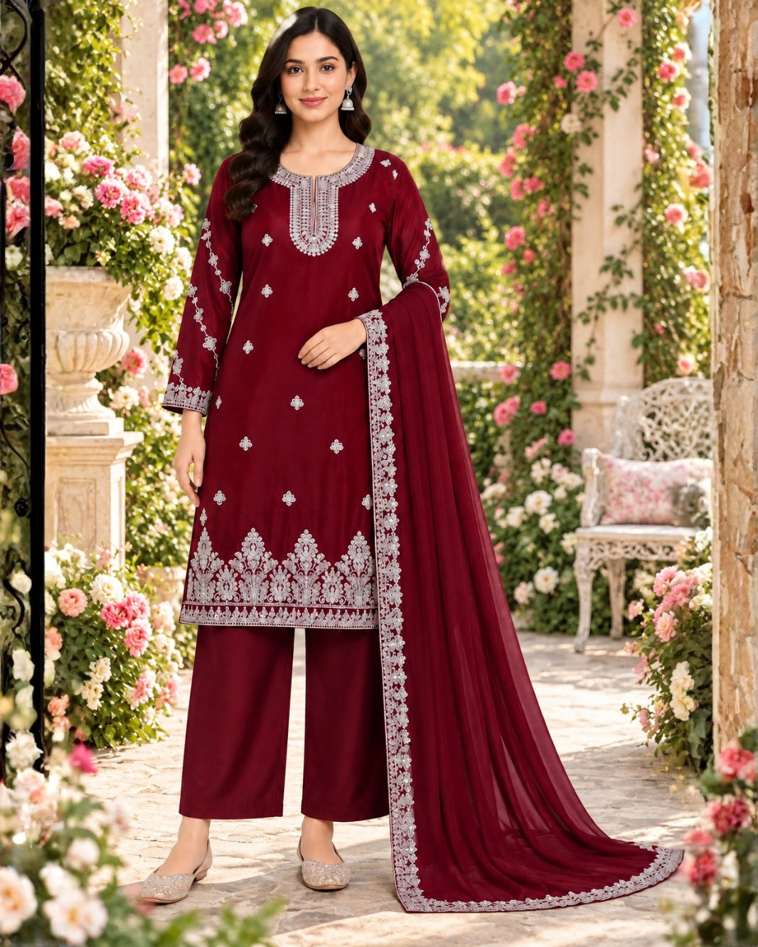 Girls Maroon Embroidered Kurti Pant with Dupatta Set