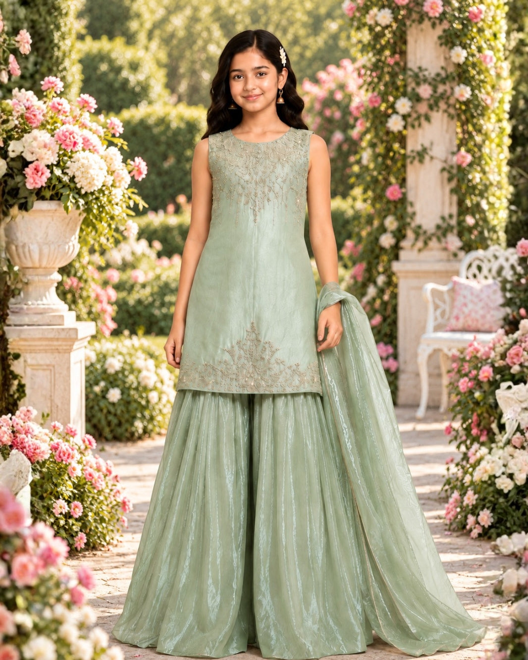 Girls Sea Green Embroidered Anarkali Sharara with Dupatta Set