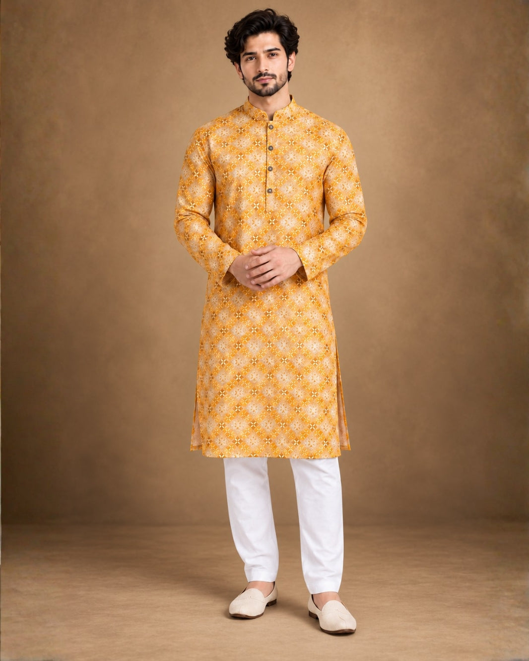 Golden Geometric Print Men's Kurta