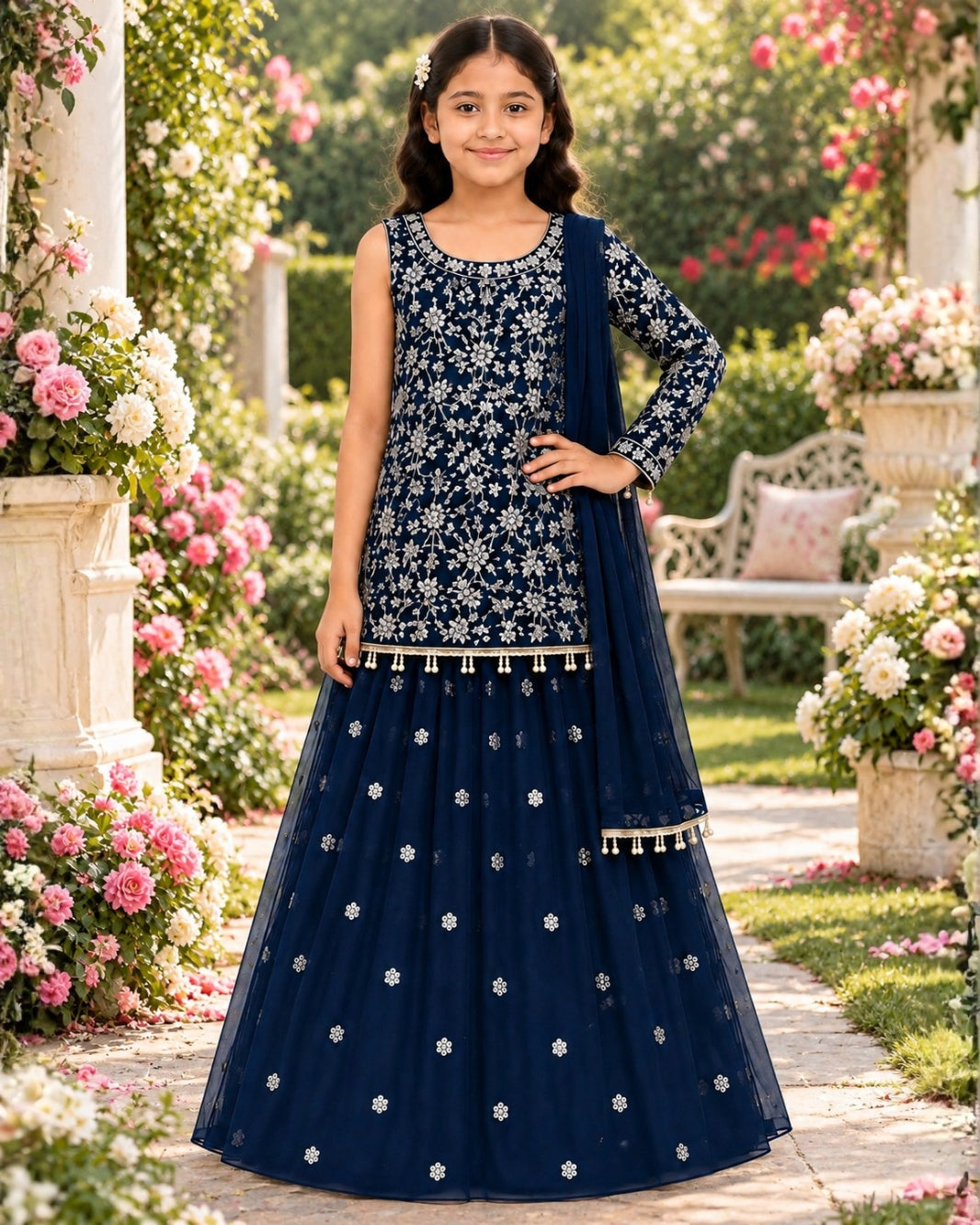 Girls Navy Blue Embroidered Kurti Sharara with Dupatta Set