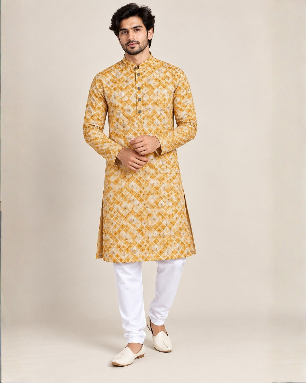 Mustard Diamond Print Men's Kurta