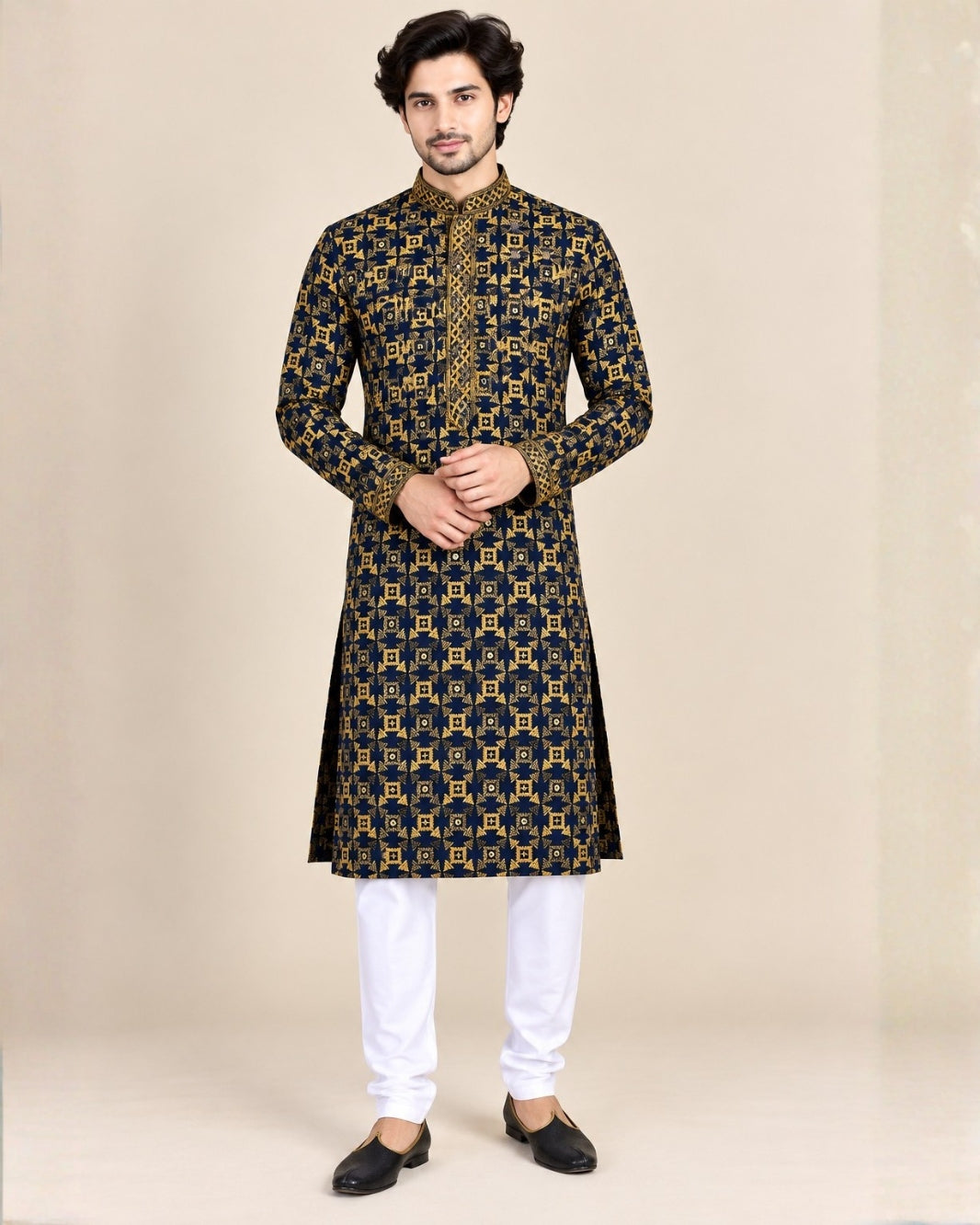 Navy Blue & Gold Geometric Print Men's Kurta