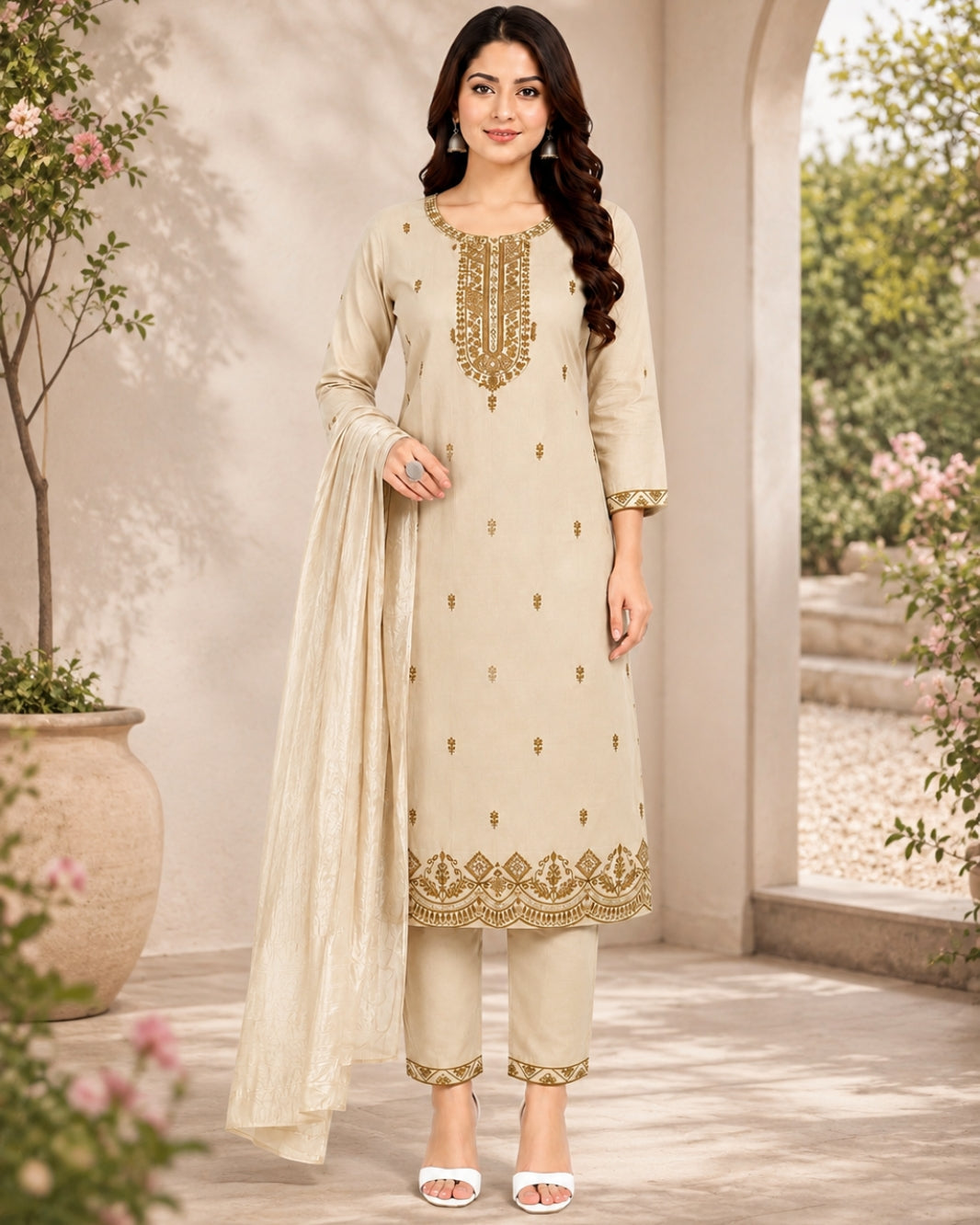 Women’s Beige Embroidered Kurta Pant Dupatta Set – 3 Piece