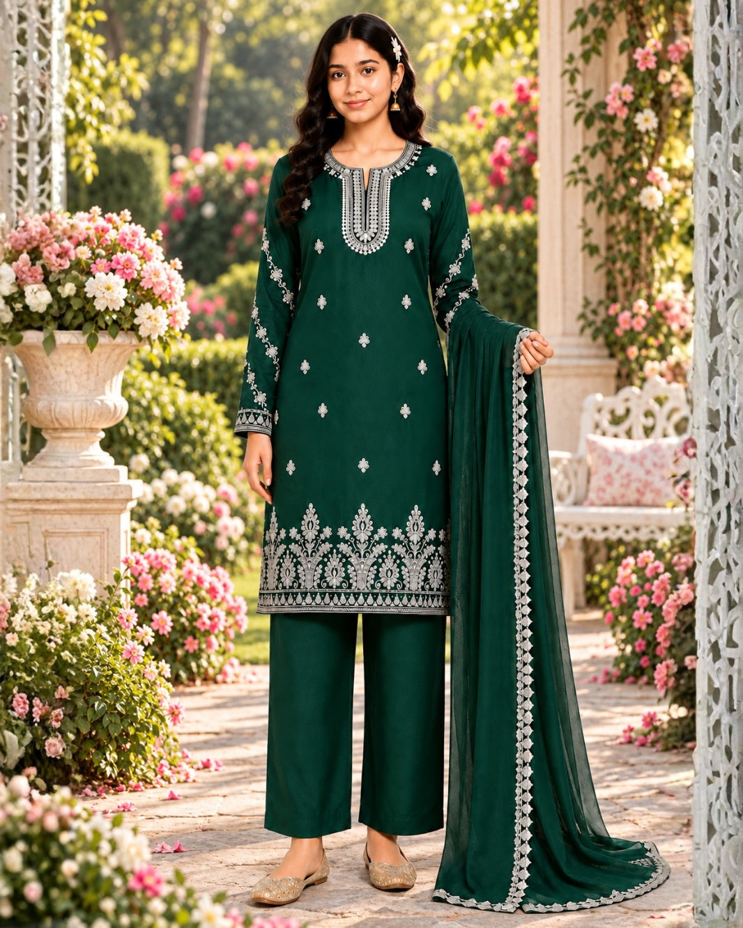 Girls Dark Green Embroidered Kurti Pant with Dupatta Set