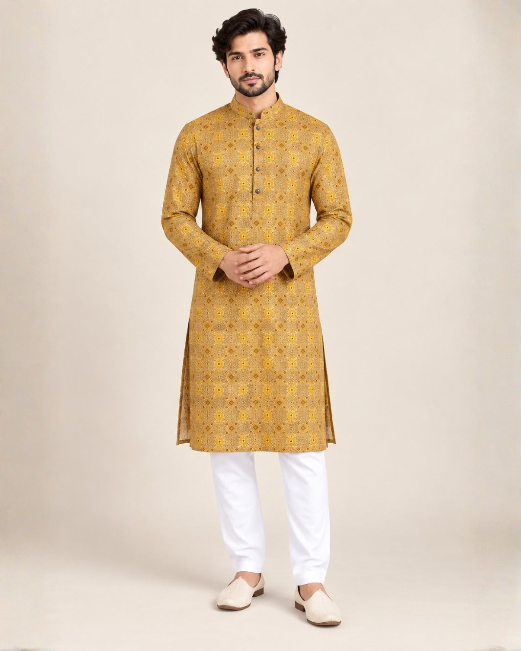 Mustard Geometric Print Men's Kurta