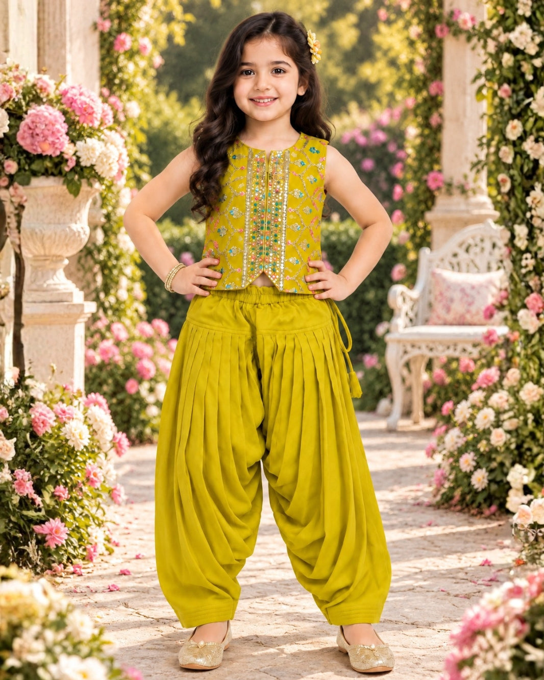 Girls Yellow Embroidered Jacket with Dhoti Pant Set