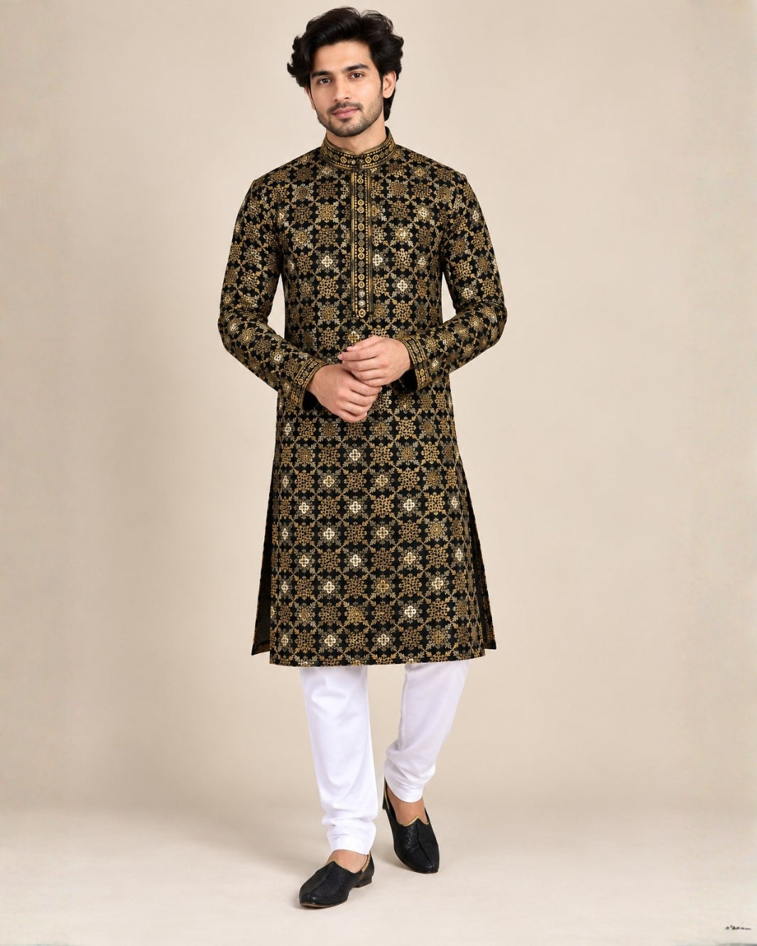 Black & Gold Ethnic Print Men's Kurta