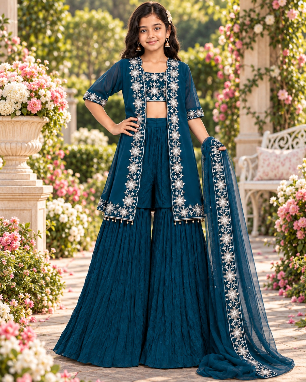 Girls Teal Blue Embroidered Crop Top Sharara with Jacket & Dupatta Set