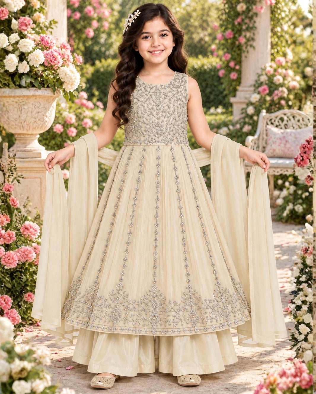 Girls Cream Embroidered Anarkali Sharara with Dupatta Set