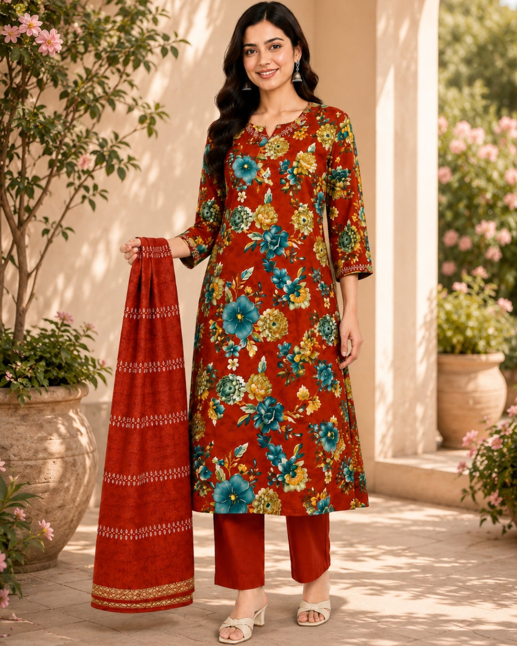 Women’s Rust Red Floral Printed Kurta Pant Dupatta Set – 3 Piece