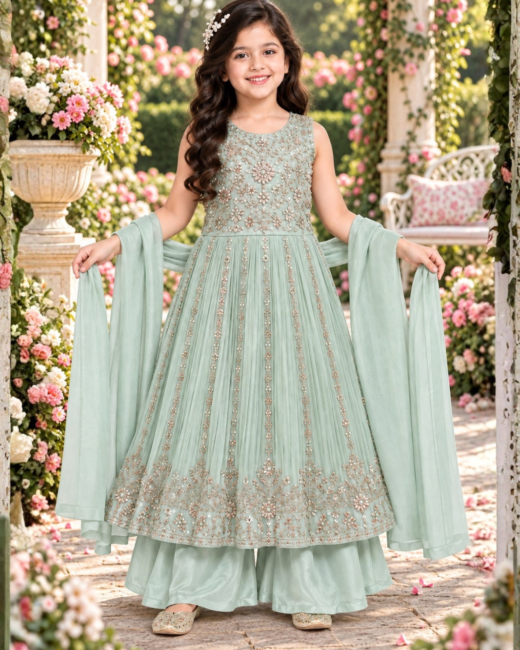 Girls Mint Green Embroidered Kurti Sharara with Dupatta Set