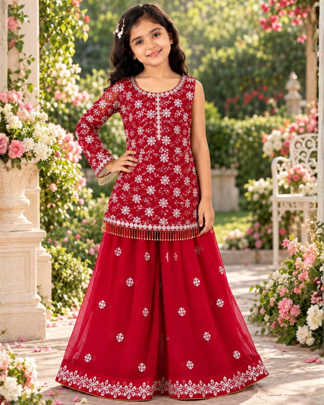 Girls Red Embroidered Kurti with Sharara & Dupatta Set