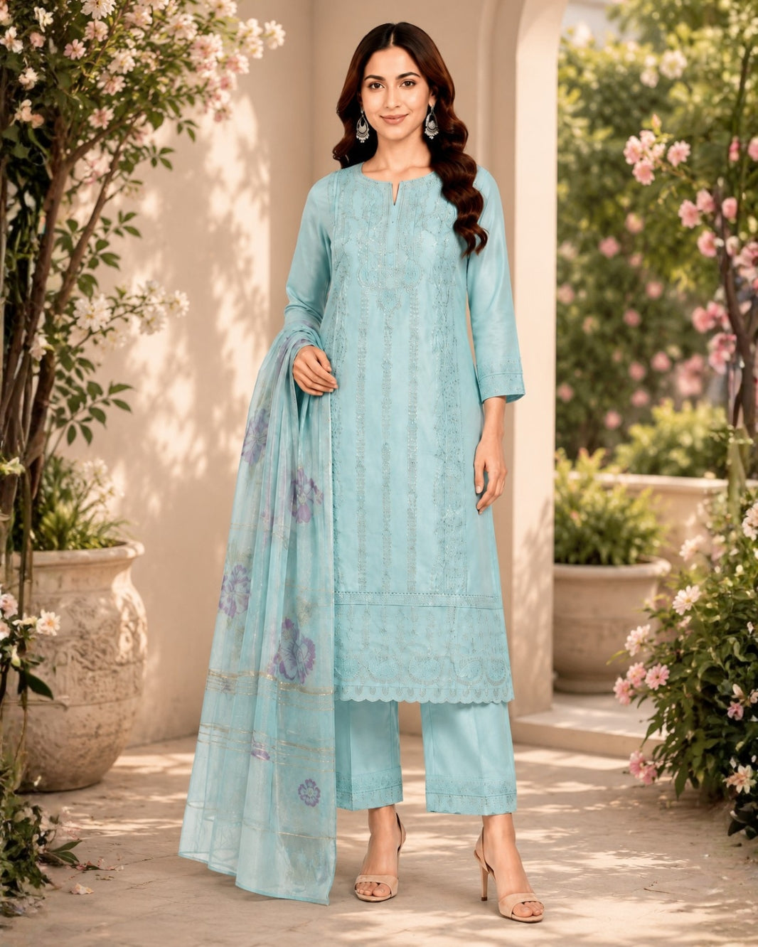Women’s Light Blue Embroidered Kurta Pant Dupatta Set – 3 Piece