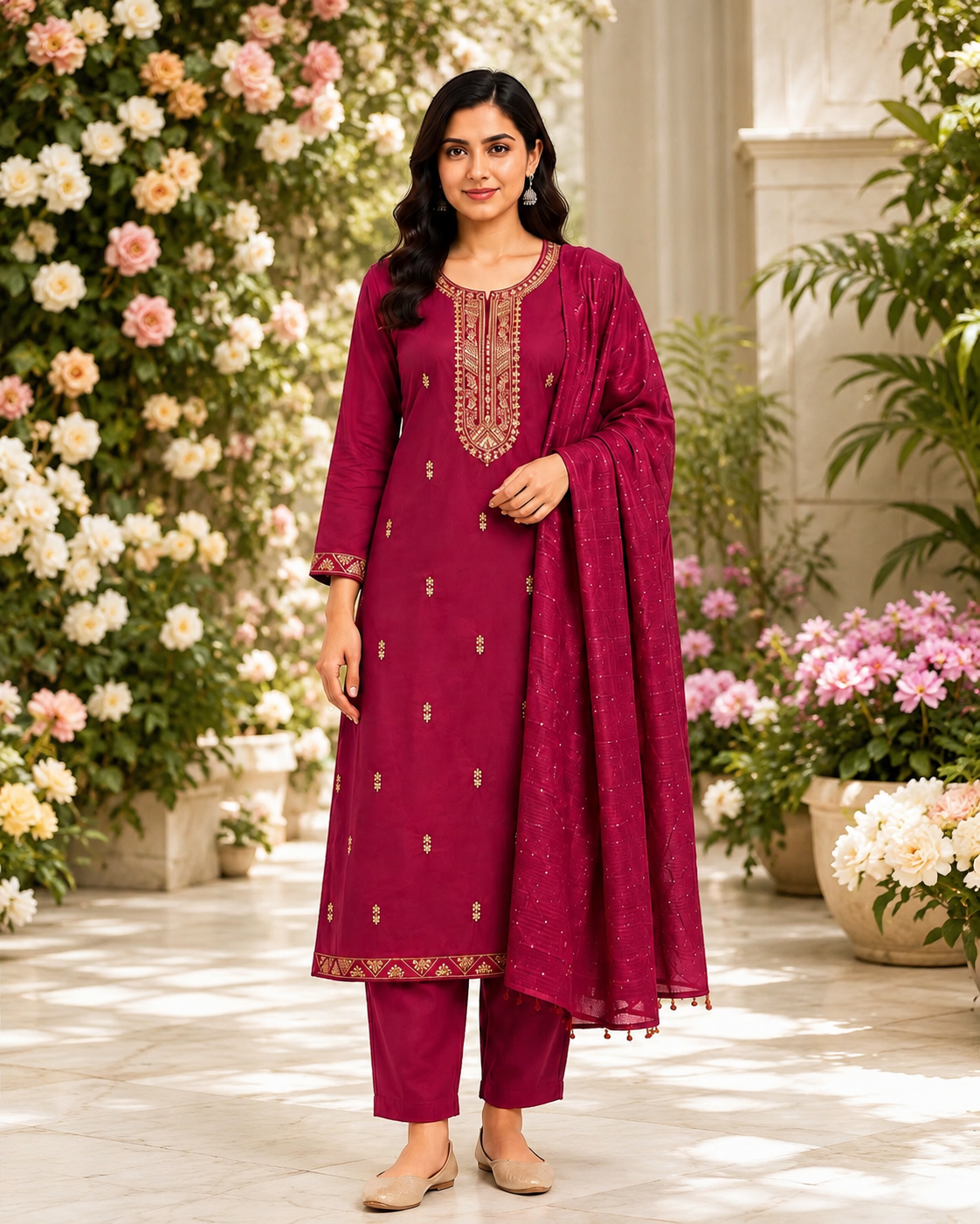 Women's Maroon Printed Kurti Set