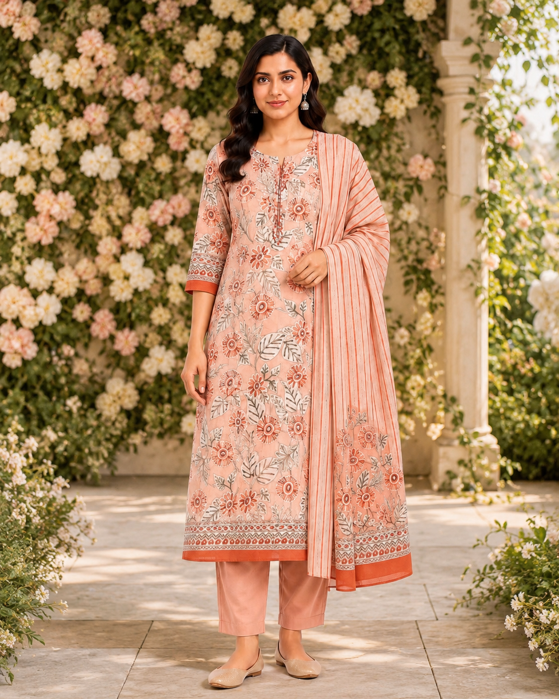 Women's Cream & Brown Printed Kurti Set