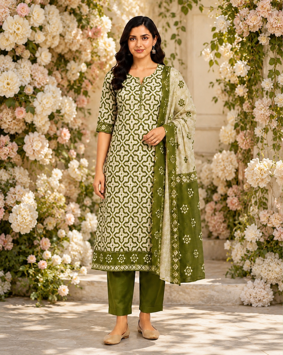 Women's Cream & Teal Green Printed Kurti Set