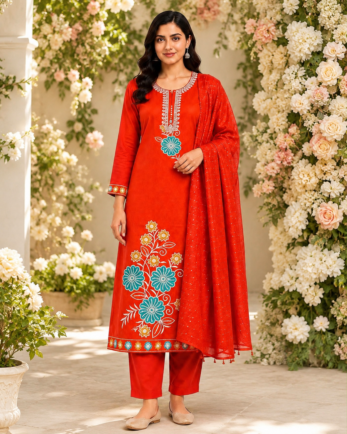 Women's Red Printed Kurti Set